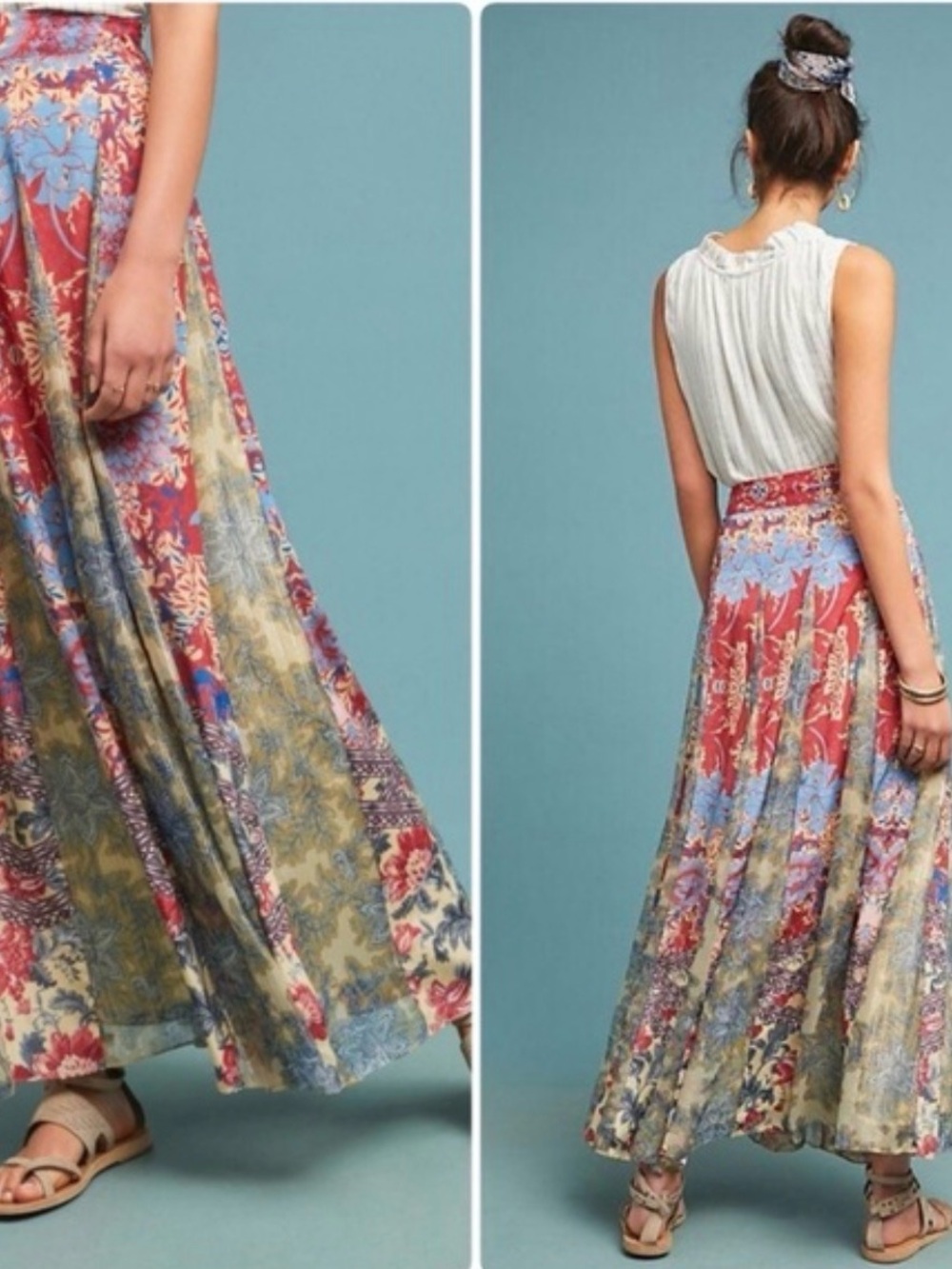 HEMANT & NANDITA Red, Blue and Olive Floral Paisley Maxi Skirt